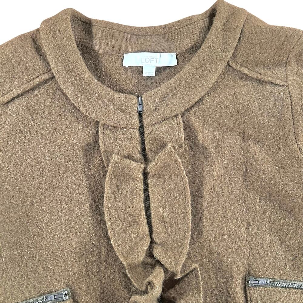 LOFT 100% Merino Wool Olive Ruffle Front Zip Jacket Cardigan Medium